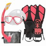 Kids Snorkeling Set with Fins Anti Leak Snorkeling Gear for Kids with Adjustable Flippers, Youth Junior Full Dry Snorkel Set Swimming Goggles with Nose Cover Diving Mask Scuba with Bag, 5-14 Yrs
