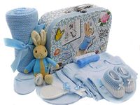 New Baby Boy Gift - Keepsake Box with 5-Piece Layette Clothing Set, Peter Rabbit Plush Rattle and Newborn Gifts