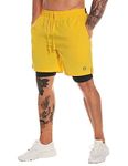 MOVEUP Men's Shorts with Liner Athletic 2 in 1 Workout Running Athletic Shorts Gym Training Short with Towel Loop Yellow Large