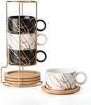 HOME DECOR Stackable Ceramic Coffee Cup, 180ml Cappuccino Cups and Saucer with Metal Stand for Espresso, Cappuccino and Latte Macchiato, Set of 4 - Marble Collection