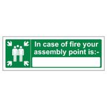 V Safety 17026AX-R In Case Of Fire Your Assembly Point Is: Sign - Landscape - 300mm x 100mm - 1mm Rigid Plastic, Green