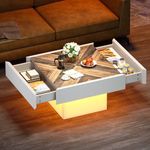 YITAHOME Farmhouse Coffee Tables Square Coffee Table for Living Room Wood LED Coffee Table with Storage Modern Living Room Tables with 2 Drawers, White and Brown