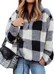 BTFBM Women Sherpa Pullover Quarter Zip Long Sleeve Fluffy Soft Fleece Jackets Sweaters Sweatshirts Hoodies Outwear Coat (Plaid Black, Medium)
