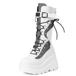 Tscoyuki Womens Goth Platform Boots Chunky Wedge Heel Rave Combat Boots Lace Up and Zipper Round Toe Mid Calf Boot for Concert Festival, White, 8