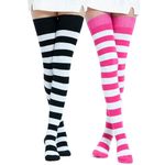 Extra Long Cotton Stripe Thigh High Socks Over the Knee High Socks (CA/US, Alpha, One Size, Regular, Regular, Black&White+Pink&White)