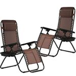 FDW Zero Gravity Chair Patio Chairs Set of 2 Outdoor Chairs Folding Chairs Outdoor Anti Gravity Chair Lounge Reclining Camping Deck Chair with Pillow and Cup Holde (Brown)