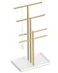 Jewelry Stand Organizer, 37CM Tall Sturdy Metal, 3-Tier Jewelry Holder for Necklace, Earring, Bracelet, Ring, Hanger for Display and Storage, Aesthetic Room Decor, Gold Jewlery Stand with White Tray