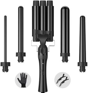 Hair Waver Curling Wand Iron Tong, Chopstick, 5 in 1 Hair Curler for Long Hair 10mm-32mm with 2 Crocodile Clips 1 Anti-Scald Silicone Gloves, PTC Ceramic Triple Barrels LCD 180°C & 210°C