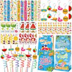 Erweicet Summer Beach Party Favors 72 PCS Summer Pool Slap Bracelets DIY Stickers Keychains Temporary Tattoos Plastic Straws Party Gift Bags for Hawaiian Luau Theme Birthday Party Baby Shower