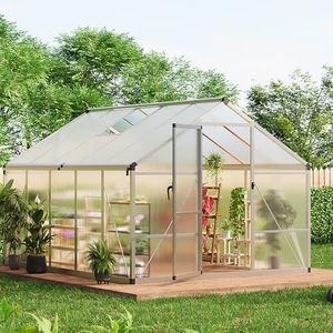 Greenhouse, 8x10 Ft Outdoor Greenhouses, Greenhouse Kit, Portablee Greenhouses with Ground Nails and Vent Windows, Sliding Lockable Door, Polycarbonate Green House for Outside Garden Backyard, White
