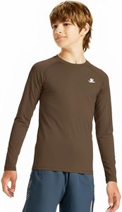 DEVOROPA Youth Boys Compression Shirt Long Sleeve Football Baseball Undershirt Quick Dry Sports Baselayer Brown S