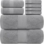 White Classic Luxury Light Grey Bath Towel Set - Combed Cotton Hotel Quality Absorbent 8 Piece Towels | 2 Bath Towels | 2 Hand Towels | 4 Washcloths [Worth $72.95] Light Grey | 8 Pack