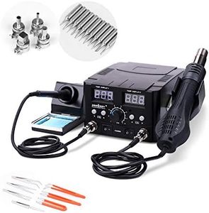 Horusdy 2in1 Soldering Station Solder Iron Rework Hot Air Blower Digital SMD Display + 11 Tips, 4 Nozzles & Tweezer Set