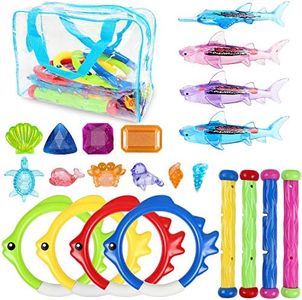28 pièces Jouets de piscine pour enfants de 8-10 ans. Anneaux plongés, bâtons plongés, requin sombré sous l'eau, Jeu de gemme lumineuse & des trésors, Jouets plongés de piscine avec Sac de rangement
