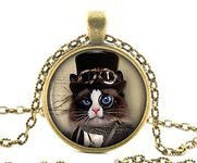 Steampunk Black and White Cat Necklace Pendant, Vintage Animal Jewellery for Women Girl Boy Cat Lovers