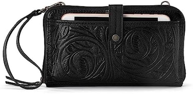 The Sak Iris Large Smartphone Crossbody Bag in Leather, Convertible Wristlet Purse Design, Black Leaf Embossed