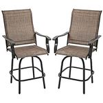 Outsunny Outdoor Swivel Bar Stools Set of 2, 2 Piece Bar Height Patio Chairs with High Back, Curved Armrests and Steel Frame for Balcony, Poolside, Backyard, Brown