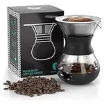 Coffee Gator Pour Over Coffee Maker - 10.5 oz Paperless, Portable, Drip Coffee Brewer Pour Over Set w/Glass Carafe & Stainless-Steel Mesh Filter, 300ml Black