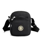 Womens Multi Pocket Casual Nylon Cross Body Bag Messenger Handbag for Ladies Girls Shopping Hiking Daily Use (Black)