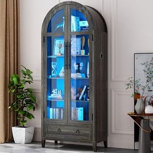 HNEBC Book Shelf with LED Lights, Arched Display Case with Storage Cabinet, Smart File Cabinet with Glass Door, Curio Cabinet with Solid Wood Legs for Home Office/Bedroom Furnniture-Brown