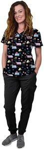 Green Town Women's Jogger Scrub Set Medical Nursing GT 4FLEX Top and Pant Solid Colors and Prints, Camp & Surf, X-Large