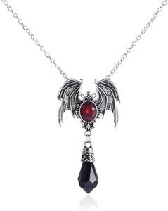 Rrdaily Vintage Gothic Necklace Bat Wings Necklace,Victoria Crystal Necklace Red/Blue/Black Gem Vampire Bat Pendant Necklace Goth Halloween Cosplay Party Jewelry Gift for Women Girls (Red), Large