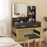 COTUBLR Vanity Desk with Mirror & Stool, Makeup Vanity Desk with Charging Station, Dressing Table with 2 Drawers, Vanity with 3 Lighting Color Adjustable for Women and Girls, Black