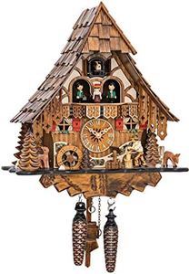 Engstler Quartz Cuckoo Clock Black Forest House with Moving Wood Chopper and Mill Wheel, with Music EN 4661 QMT