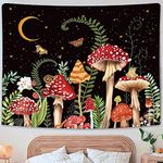 Miytal Mushroom Tapestry, Aesthetic Plant Moon and Stars Tapestries, Colorful Butterfly Tapestry Wall Hanging for Bedroom - 51.2" x 59.1" - Black