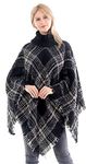 Belle Dame Women's Plaid Turtleneck Knit Poncho Batwing Tassels Shawl Cape Pullover Sweater Cloak High Collar (CP185-1)