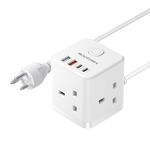 Thailand Travel Adapter with 1.5M Extension Cable 3 Way 4 Fast Charging USB (QC3.0/PD20W) Compact Cube UK to Thailand Plug Adapter, Type O