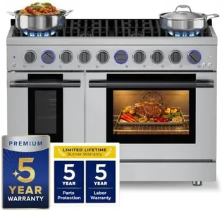 Hauslane 48" Dual Fuel Range in Stainless Steel, 8 Burners up to 20,000 BTU 6.7 cu. ft., Double Convection Oven with 5 Rack Positions, 5-Year Warranty, Convertible NG/LP Cool-Touch Triple-Layer Door