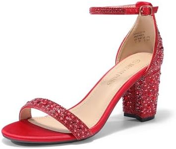 DREAM PAIRS Women's Chunk Low Heel Pump Sandals,Size 8.5,Red/Rhinestone,CHUNK