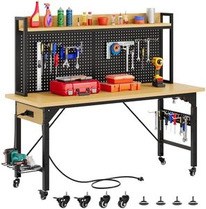 DWVO 60" Adjustable Workbench with Pegboard, Heavy Duty Wood Top Work Bench with Wheels, 1600 LBS Load Capacity, Rolling Work Table with AC/USB Outlet, Hooks, Rack for Garage, Workshop, Office, Home