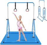 Gymnastics Bar with Rings for Kids Height Adjustable Horizontal Kip Bar Folding Gymnastics Junior Training Bar for Home Using Junior Training Bar Children Folding (Blue+Mat)