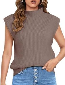 Himosyber Women's Solid Sleeveless Vest Elegant High Neck Stretchable Cap Sleeve Knit Sweater Tops (Brown-XS)