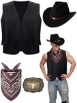 Toulite 4 Pcs Western Outfits for Men Cowboy Tassel Vest Hat Belt Buckle Paisley Bandana for Halloween Cosplay, Brown,coffee,red