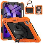 Timecity Case for iPad Air 5th/4th Generation 10.9 Inch 2022/2020, Full-Body Shockproof Case with Screen Protector, 360° Rotating Stand, Shoulder/Hand Strap Pen Holder for iPad Air 4/5, Black/Orange