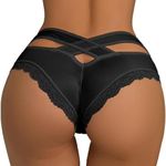 Joligiao Womens Sexy Lace French Knickers Comfy Underwear Thongs Back Hollow Out Crossover Panties Tanga Cheeky Briefs(Black,XL)