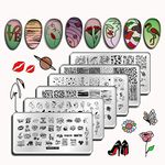 Nail Stamping Plates Set, 6 Pieces Snake Butterfly Flower Image Rectangle Nail Stamp Kit, Love Abstract Face Flamingo Design Nail Art Stamp Manicure Tools for DIY Nail Salon Decoration