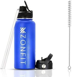 ZONFIT Insulated Water Bottle Double Wall Stainless Steel 1L Thermos BPA Free Drink Bottle Wide Mouth Sports Outdoor Fitness 2 Lids 2 Straws with Straw Cleaner