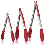 Kitchen Tongs, U-Taste 7/9/12 inches Cooking Tongs, with 600ºF High Heat-Resistant Non-Stick Silicone Tips, 18/8 Stainless Steel Handle, for Food Grill, Salad, BBQ, Frying, Serving, Pack of 3(Red)