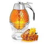 Hunnibi SELECT Honey Dispenser with Stainless Steel Top - No Drip Glass Syrup Dispenser - Premium, Durable and Beautiful Honey Pot - Honey Jar with Stand