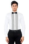 GLOBALRANG Men's Embroidered Geometric Pattern Slim Fit White Satin Cotton Dress Shirt with Long Sleeve, Cut Away Collar and Bow Tie-L