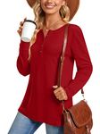 Aodemo Women's Fall Long Sleeve Henley Tops Button Up Tunic Casual Loose Plus Size Blouse for Leggings 2XL, Red