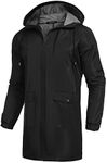 COOFANDY Men's Long Raincoat Ligtweight Rain Jacket Waterproof Outdoor Jackets with Hood, Black, Small