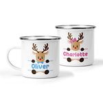 Personalised Christmas Mug with Reindeer & Name, Custom Festive Xmas Cup, Hot Chocolate Enamel Mug, Christmas Eve Box Fillers, Gifts For Kids