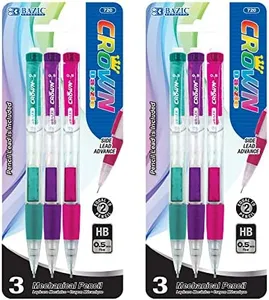 BAZIC Products Mechanical Pencil 0.5mm Crown, Soft Grip Latex Free Eraser, Smooth Writing Pencils Lead for Drafting Drawing Sketching (3/Pack), 2-Packs