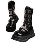 Gothniero Women Black Platform Goth Boots Mid Calf with Heel Knee High Boots Winter Chunky Heel Punk Rave Boots Girls Lace Up Combat Booties Size 5.5-11, Black11, 8