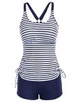 JASAMBAC Womens Casual Beach Bandeau Strappy Swimsuit Racerback Push Up Padded Stripe Bathing Suit Tankini Swim Tank Top Stripe Navy 2XL